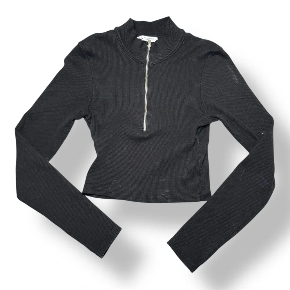 Zara Black Long Sleeve Top with Front Zip - Picture 1 of 3